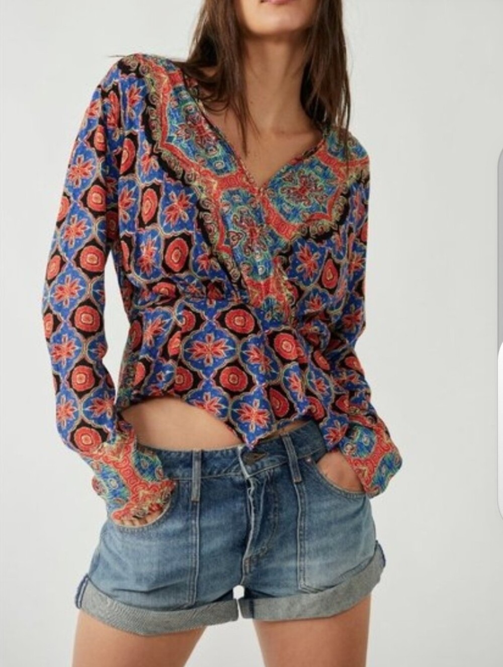Free People Multicolor Boho Medallion V-Neck Blouse